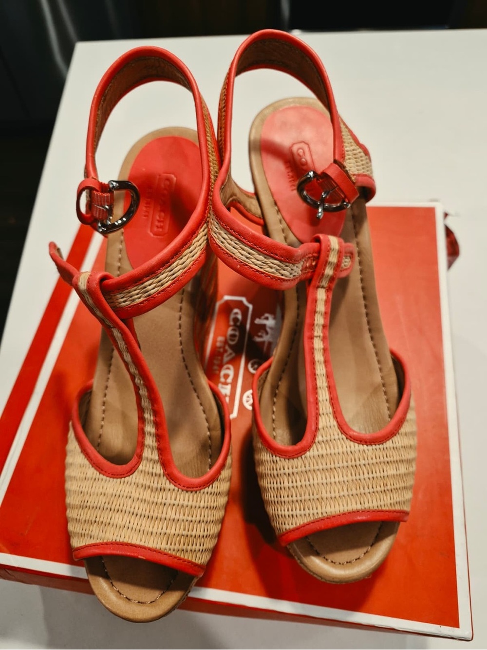 COACH GENEVA WEDGE NATURAL/BRIGHT CORAL Platforms Shoes  A0845 Size 11   NEW